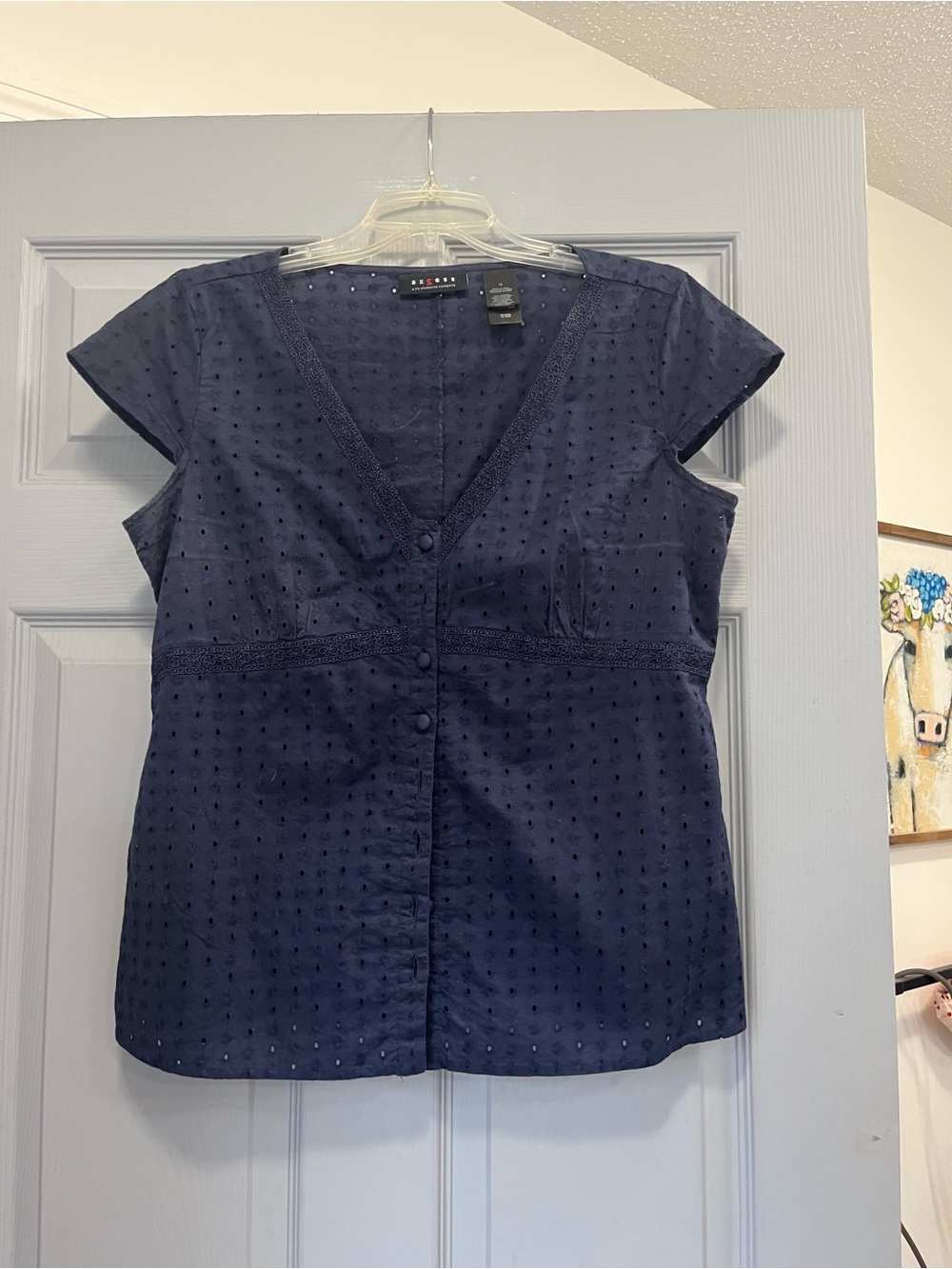 Liz Claiborne Navy Eyelet Button-Front Top
